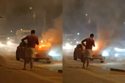 Bursa’da otomobil, sahibinin gözü önünde alev alev yandı