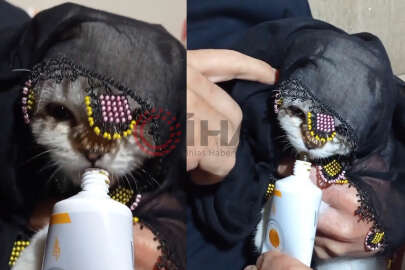 Yazma taktığı kediyi türküler eşliğinde besledi