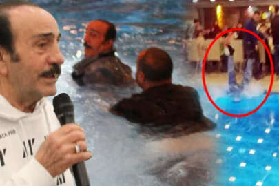 Depremzedelere moral gecesinde talihsiz an!  Mustafa Keser havuza düştü!