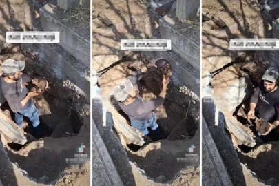 Mezarlıkta skandal görüntüler! Çıkardığı kemiklerle alay etti