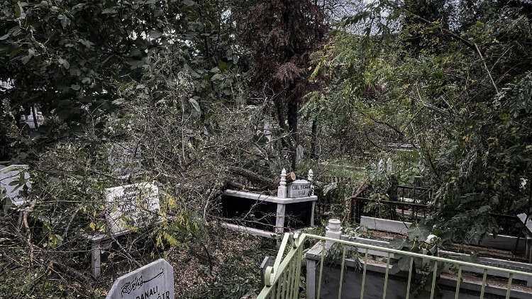 Osmangazi ilçesi Küçükbalıklı Mezarlığı`nda kuvvetli lodos nedeniyle köklerinden sökülüp kırılan ağaçlar, mezarların üzerine düştü.