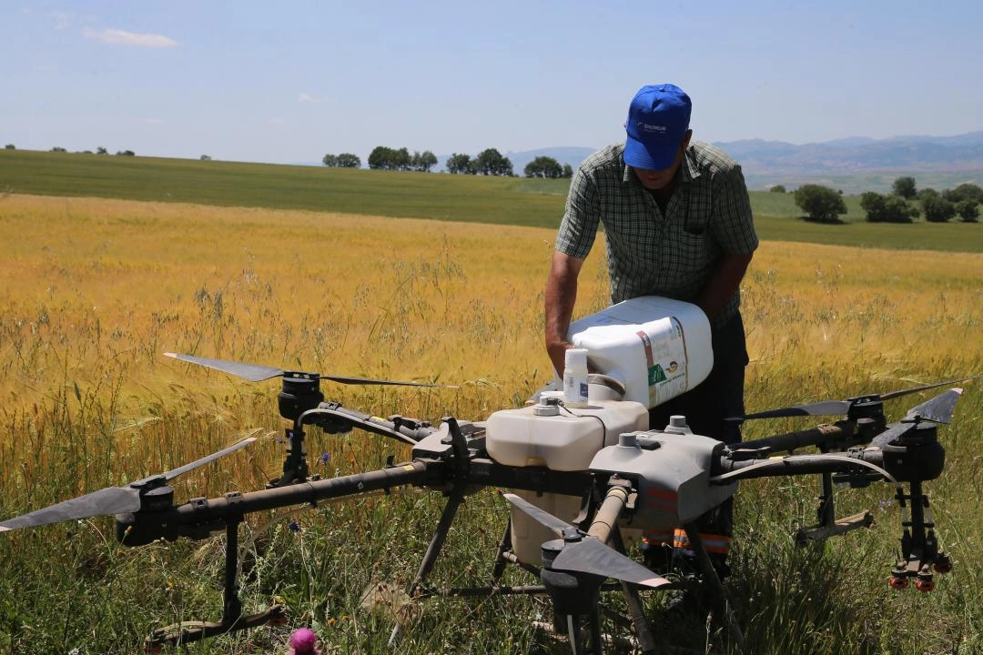 Tokat'ta dron alan çiftçi kendisinin ve diğer çiftçilerin ekili alanlarını ilaçlıyor